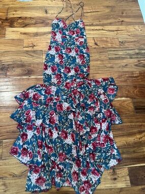 SHEIN Teal Maxi Dress with Red & White Floral Print